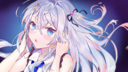 Rule 34 | 1girl, ahoge, black ribbon, blue eyes, blue hair, chili pepper, commentary, fang, hair between eyes, hair ornament, hair ribbon, hands in hair, hibikase (vocaloid), highres, indie virtual youtuber, kagura nana, lightning bolt, lightning bolt hair ornament, lightning bolt symbol, long hair, looking at viewer, nana kagura, one side up, open mouth, parted lips, pink hair, ribbon, skin fang, solo, upper body, virtual youtuber, vocaloid