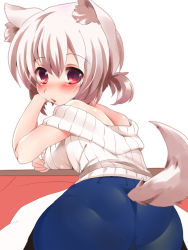 Rule 34 | 1girl, alternate costume, animal ears, ass, breast rest, breasts, breasts on table, female focus, guratan (guratan18), inubashiri momiji, kotatsu, looking back, pantyhose, pantylines, red eyes, short hair, silver hair, solo, sweater, table, tail, touhou, wolf ears, wolf tail