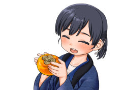 Rule 34 | 1girl, alternate costume, black hair, blush, closed eyes, food, fruit, hair ribbon, harukaze unipo, hiburi (kancolle), holding, holding food, holding fruit, japanese clothes, kantai collection, open mouth, persimmon, ribbon, short ponytail, simple background, solo, teeth, upper teeth only, white background