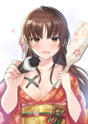 Rule 34 | 1girl, :d, blush, body writing, breasts, brown eyes, brown hair, brush, collarbone, dot nose, floral print, flower, hagoita, hair flower, hair ornament, hanetsuki, heart, highres, holding, holding brush, japanese clothes, kimono, large breasts, long hair, long sleeves, looking at viewer, obi, open mouth, original, paddle, ribbon, sash, sidelocks, sleeves rolled up, smile, solo, tan (tangent), wide sleeves