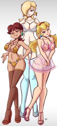 Rule 34 | 3girls, alternate hairstyle, bikini, blonde hair, blue bra, blue eyes, blue panties, bra, breasts, brown eyes, camisole, cleavage, feet, garter straps, hair over one eye, hand on own hip, heels, height difference, highres, image sample, large breasts, legs, long hair, low ponytail, low twintails, mario (series), md5 mismatch, multiple girls, nanus360, navel, nintendo, nipples, panties, parted lips, pink panties, princess, princess daisy, princess peach, resolution mismatch, rosalina, see-through, solo, source larger, super mario bros. 1, super mario galaxy, super mario land, swimsuit, tall female, thighhighs, thighs, twintails, twitter sample, underwear, wide hips, yellow bikini