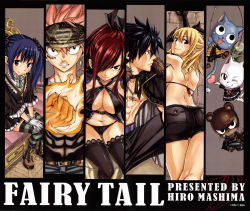 Rule 34 | 2boys, 3girls, ass, black hair, blonde hair, blue hair, breasts, cat, charle (fairy tail), cleavage, copyright name, erza scarlet, fairy tail, fire, gray fullbuster, happy (fairy tail), highres, huge breasts, legs, looking at viewer, lucy heartfilia, mashima hiro, midriff, multiple boys, multiple girls, natsu dragneel, official art, pantherlily, pink hair, red hair, shorts, sideboob, tattoo, thighhighs, wendy marvell