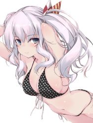 Rule 34 | 1girl, arms behind head, bikini, black bikini, blue eyes, breasts, cleavage, commentary request, cowboy shot, front-tie top, kantai collection, kashima (kancolle), large breasts, long hair, looking to the side, polka dot, polka dot bikini, side-tie bikini bottom, sidelocks, silver hair, simple background, smile, solo, string bikini, swimsuit, tsurime, twintails, wavy hair, white background, yumesato makura