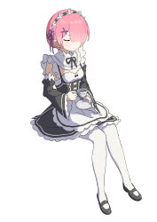 Rule 34 | 1girl, absurdres, breasts, closed eyes, closed mouth, cup, detached sleeves, dress, full body, hair ornament, hair over one eye, hair ribbon, highres, holding, holding plate, holding saucer, invisible chair, maid, maid headdress, pink hair, plate, purple ribbon, q haoyu, ram (re:zero), re:zero kara hajimeru isekai seikatsu, ribbon, roswaal mansion maid uniform, saucer, shoes, short hair, simple background, sitting, small breasts, solo, thighhighs, white background, white thighhighs, x hair ornament