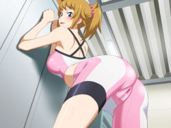 Rule 34 | 10s, 1girl, against wall, ass, back, bare shoulders, bent over, bike shorts, blue eyes, blush, breasts, brown hair, cameltoe, from behind, from below, gundam, gundam build fighters, gundam build fighters try, hoshino fumina, large breasts, looking at viewer, looking back, non-web source, open mouth, ponytail, pussy juice stain, ryuntack, scrunchie, short hair, short ponytail, smile, solo, sports bra, sweat, two-tone sports bra