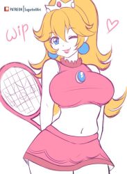 Rule 34 | 1girl, arms behind back, artist name, bare arms, bare shoulders, blue eyes, breasts, brooch, closed mouth, crop top, crown, crown (symbol), earrings, eyelashes, heart, hip focus, holding, holding behind back, jewelry, large breasts, lips, long hair, looking at viewer, mario (series), mario tennis, midriff, miniskirt, navel, nintendo, one eye closed, patreon logo, patreon username, pink lips, pink shirt, pink skirt, ponytail, princess peach, racket, shirt, simple background, skirt, sleeveless, sleeveless shirt, smile, solo, sugarbell, taut clothes, taut shirt, tennis racket, unfinished, white background