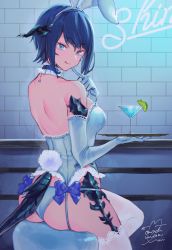 Rule 34 | 1girl, :p, absurdres, alcohol, animal ears, ass, au ra, warrior of light (ff14), bar (place), bar stool, bare back, bare shoulders, blue bow, blue choker, blue eyes, blue garter straps, blue gloves, blue hair, blue horns, blue panties, blue scales, blue tail, blue theme, blush, bow, breasts, bustier, chair, choker, cocktail, cocktail glass, commentary request, commission, corset, cowboy shot, cross-laced clothes, cup, dragon girl, dragon horns, dragon tail, drink, drinking glass, elbow gloves, eyelashes, fake animal ears, fake tail, fictional persona, final fantasy, final fantasy xiv, finger to cheek, finger to mouth, frilled choker, frills, garter straps, glass, gloves, hand up, highres, holding, holding tray, horns, huge filesize, indoors, knee up, lace, lace-trimmed legwear, lace trim, leotard, looking at viewer, looking back, medium breasts, neon lights, panties, playboy bunny, rabbit ears, rabbit tail, scales, shiny skin, short hair, sideboob, sidelocks, signature, sitting, skindentation, smile, solo, stool, strapless, string panties, swept bangs, table, tail, thighhighs, tongue, tongue out, tray, underwear, uni (melm), white thighhighs
