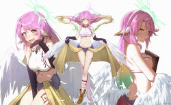 1girl animal_ears asymmetrical_footwear asymmetrical_gloves black_gloves book breast_press breasts bridal_gauntlets chilakkk closed_mouth commentary_request cross-shaped_pupils drooling full_body gloves green_halo grey_background halo highres jibril_(no_game_no_life) large_breasts long_hair looking_at_viewer midriff mismatched_footwear mismatched_gloves multicolored_halo multiple_views navel no_game_no_life open_mouth pink_hair pink_halo saliva simple_background solo standing symbol-shaped_pupils tears thighs white_wings wings yellow_eyes