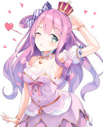 Rule 34 | 1girl, absurdres, armpit crease, armpits, bare shoulders, blowing kiss, bow, bracelet, breasts, cleavage, commentary, contrapposto, crown, detached collar, detached sleeves, dress, frilled dress, frills, green eyes, hair bow, hair rings, head tilt, heart, highres, himemori luna, himemori luna (1st costume), hololive, jewelry, long hair, looking at viewer, medium breasts, mini crown, mogmog, one eye closed, one side up, pink dress, pink hair, princess, puffy short sleeves, puffy sleeves, pursed lips, short sleeves, solo, standing, striped, striped bow, upper body, virtual youtuber