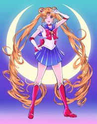 Rule 34 | 1girl, arm up, back bow, bishoujo senshi sailor moon, blonde hair, blue eyes, blue skirt, boots, bow, breasts, choker, commentary request, crescent moon, double bun, earrings, elbow gloves, full body, gloves, gradient background, hair bun, hair ornament, hand on own hip, hand on own face, highres, jewelry, kivavis, knee boots, long hair, medium breasts, moon, one eye closed, open mouth, partial commentary, red bow, red footwear, sailor collar, sailor moon, sailor senshi uniform, school uniform, shirt, sidelocks, skirt, smile, solo, teeth, tiara, tsukino usagi, twintails, upper teeth only, v, very long hair, wavy hair, white gloves, white shirt
