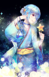 Rule 34 | 1boy, androgynous, baronet, blue hair, bracelet, choker, closed mouth, deneb (yume-100), facing to the side, highres, japanese clothes, jewelry, kimono, long sleeves, looking at viewer, male focus, pink eyes, short hair, short ponytail, sky, smile, solo, star (sky), star (symbol), starry sky, tongue, tongue out, yukata, yume oukoku to nemureru 100-nin no ouji-sama