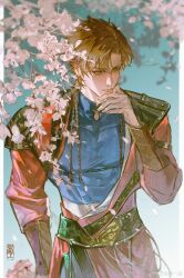 Rule 34 | 1boy, absurdres, armor, averting eyes, blue shirt, blurry, blush, border, bouquet, bracer, braid, brown eyes, brown hair, chinese clothes, closed mouth, code: kite, depth of field, ear piercing, earrings, falling petals, flower, furrowed brow, hand on own chin, highres, holding, holding bouquet, jewelry, long hair, long sleeves, multiple braids, parted bangs, petals, piercing, sash, shirt, shoulder armor, solo, standing, stud earrings, sun ce (code: kite), weibo watermark, white border, yan yigu