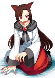 Rule 34 | 1girl, animal ears, blush, brooch, brown hair, dress, fang, fingernails, imaizumi kagerou, jewelry, kumadano, long fingernails, long hair, long sleeves, nail polish, open mouth, red eyes, simple background, sitting, solo, touhou, very long hair, white background, wide sleeves, wolf ears