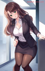 Rule 34 | 1girl, :d, alternate costume, black jacket, black skirt, breasts, brown hair, brown pantyhose, cleavage, commentary request, dorothea arnault, feet out of frame, fire emblem, fire emblem: three houses, green eyes, highres, indoors, jacket, large breasts, long hair, long sleeves, looking at viewer, miniskirt, nintendo, no headwear, open mouth, pantyhose, pencil skirt, sebu illust, shirt, skirt, smile, solo, standing, thighs, very long hair, white shirt