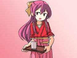Rule 34 | 1girl, bow, commentary, cowboy shot, cup, english commentary, gradient background, hair bow, hakama, hakama skirt, japanese clothes, kamikaze (kancolle), kantai collection, kimono, long hair, meiji schoolgirl uniform, one-hour drawing challenge, pink hakama, purple eyes, purple hair, red background, red kimono, sixten, skirt, solo, standing, tasuki, tray, yellow bow, yunomi