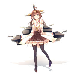 Rule 34 | 10s, 1girl, bad id, bad pixiv id, bare shoulders, black thighhighs, blush, boots, brown eyes, brown hair, cannon, detached sleeves, double bun, hair bun, hair ornament, hairband, headgear, japanese clothes, kantai collection, kongou (kancolle), long hair, miko, personification, ryousui nao, skirt, smile, solo, thigh boots, thighhighs, turret