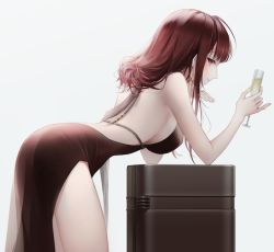 Rule 34 | 1girl, ahoge, alternate costume, back, bare shoulders, bent over, blunt bangs, breasts, brown hair, champagne flute, cup, dress, drinking glass, dsr-50 (girls&#039; frontline), dsr-50 (highest bid) (girls&#039; frontline), earrings, evening gown, from side, girls&#039; frontline, grey background, holding, holding cup, jewelry, large breasts, long hair, looking to the side, no bra, official alternate costume, red eyes, side slit, sideboob, sidelocks, smile, thighs, user rzpv4457