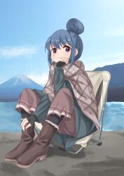 Rule 34 | 1girl, black pantyhose, blue hair, boots, chair, chinosuke (cs4126), closed mouth, cloud, coat, day, dot nose, female focus, fingerless gloves, frown, full body, gloves, hair bun, hand on own face, hat, highres, mountain, outdoors, pantyhose, purple eyes, scenery, shima rin, sitting, sky, solo, water, winter clothes, winter coat, yurucamp