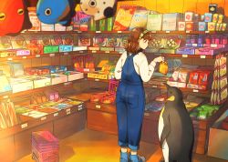 Rule 34 | 1girl, bird, blue footwear, blurry, blurry foreground, brown hair, candy, candy store, commentary request, emperor penguin, food, from behind, hairband, hand up, highres, holding, indoors, long sleeves, looking at animal, medium hair, original, overalls, penguin, profile, raito (latek), shadow, shoes, shop, shopping, shopping basket, sneakers, solo, standing, striped clothes, striped hairband, sunlight, sweater, white sweater