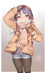 Rule 34 | 1girl, atte nanakusa, black hair, black pantyhose, blush, brown eyes, coat, eyebrows, grin, highres, looking at viewer, mittens, nose blush, original, pantyhose, salute, scarf, shorts, smile, solo, standing, teeth, thighs, winter clothes, winter coat