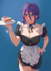 Rule 34 | 1girl, absurdres, alternate costume, apron, black choker, black dress, blue background, breasts, buttons, cake, cake slice, chainsaw man, chinese commentary, choker, cleavage, collarbone, commentary request, cowboy shot, detached collar, dress, food, frilled apron, frills, green eyes, hair between eyes, hair bun, hand on own hip, hand up, highres, holding, holding plate, looking at viewer, mashu00417, neck ribbon, plate, puffy short sleeves, puffy sleeves, purple hair, reze (chainsaw man), ribbon, short hair, short sleeves, simple background, single hair bun, smile, solo, standing, waist apron, waitress, white apron, wrist cuffs