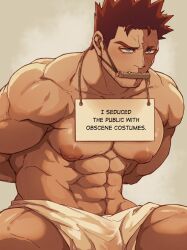 Rule 34 | 1boy, abbbby 28, abs, arms behind back, bara, blue eyes, boku no hero academia, burn scar, endeavor (boku no hero academia), english text, gag, gagged, highres, large pectorals, male focus, mature male, muscular, muscular male, navel, nipples, pectorals, red eyes, red hair, scar, scar on face, short hair, sign, simple background, solo, towel, towel around waist, white towel