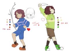 Rule 34 | androgynous, bandaid, bandaid on face, black socks, braid, branch, brown hair, chara (undertale), character sheet, clenched hands, color guide, commentary, crocs, english text, flat color, frisk (undertale), gender request, heart, heart necklace, heart pendant, jewelry, kneehighs, knife, necklace, parted lips, partially colored, red eyes, shorts, sketch, smile, socks, soleilos, spoilers, standing, stick, striped clothes, striped sweater, sweater, undertale, white background