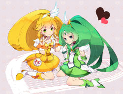 Rule 34 | 10s, 2girls, :&lt;, big hair, blonde hair, boots, bow, cure march, cure peace, double v, dress, full body, green dress, green eyes, green hair, green skirt, grey background, hair flaps, heart, kise yayoi, kneeling, komoreg, long hair, magical girl, midorikawa nao, multiple girls, precure, skirt, smile, smile precure!, star (symbol), starry background, tiara, tri tails, v, wide ponytail, yellow bow, yellow dress, yellow eyes, yellow skirt