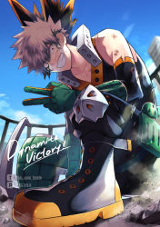 Rule 34 | 1boy, bakugou katsuki, bare shoulders, boku no hero academia, boots, building, collarbone, english text, explosive, fisheye, foreshortening, gloves, green gloves, green hair, grenade, grin, highres, knee pads, looking at viewer, male focus, pixiv id, red eyes, sky, smile, spiked hair, torn clothes, torn sleeves, twitter username, ume (326310)