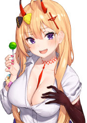 Rule 34 | 1girl, arm up, azur lane, between breasts, black gloves, blonde hair, blush, bow, breasts, candy, cleavage, cross hair ornament, elbow gloves, food, gloves, hair between eyes, hair bow, hair ornament, holding, horns, kumano (azur lane), large breasts, lollipop, long hair, looking at viewer, necktie, necktie between breasts, oni horns, open mouth, pensuke, purple eyes, red necktie, sharp teeth, shirt, simple background, single elbow glove, smile, solo, teeth, white background, white shirt