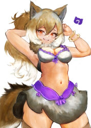 Rule 34 | 1girl, animal ears, bra, bracelet, brown eyes, brown hair, extra ears, indian wolf (kemono friends), jack4l, japari symbol, jewelry, kemono friends, long hair, looking at viewer, multicolored hair, navel, simple background, skirt, solo, tail, thighhighs, two-tone hair, underwear, white hair, wolf ears, wolf girl, wolf tail