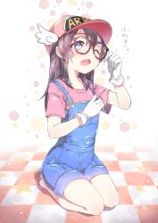 Rule 34 | 1girl, absurdres, adjusting eyewear, barefoot, blue eyes, checkered floor, chitetan, clothes writing, dr. slump, glasses, gloves, hat, highres, long hair, norimaki arale, one eye closed, open mouth, overalls, purple hair, seiza, short sleeves, sitting, solo, white gloves