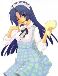 Rule 34 | 00s, 1girl, ahoge, asakura ryouko, blue hair, blush, breasts, dress, finger to mouth, food, large breasts, long hair, looking at viewer, maid headdress, one eye closed, pastry, pastry bag, purple eyes, simple background, solo, suzumiya haruhi no yuuutsu, tomako, tongue, tongue out, white background