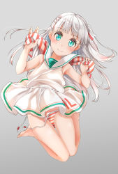 Rule 34 | 1girl, armpits, arms up, barefoot, comah, dress, green eyes, grey background, highres, kantai collection, legs up, long hair, maestrale (kancolle), panties, ribbon, short dress, side-tie panties, side ponytail, silver hair, simple background, sleeveless, sleeveless dress, smile, solo, striped clothes, striped panties, underwear, untied panties, white dress, wind, wind lift
