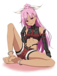 1girl abs anklet armor asymmetrical_bangs bare_legs barefoot bike_shorts bike_shorts_under_shorts bikini_armor black_gloves crop_top elbow_gloves feet fingerless_gloves full_body fur-trimmed_shorts fur_trim gloves highres ishida_seito jewelry knee_up legs liz_smart long_hair nageki_no_bourei_wa_intaishitai nail_polish on_ground open_mouth pink_hair ponytail red_eyes red_shorts ribbon shorts simple_background sitting slit_pupils soles solo spread_legs spread_toes toenail_polish toenails toes white_background white_ribbon