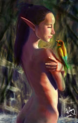 Rule 34 | 10s, 1girl, 2014, bird, black hair, crossed arms, elf, closed eyes, forest, high ponytail, ikelag, long hair, long pointy ears, nature, nude, outdoors, pointy ears, ponytail, realistic, signature, solo