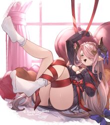 Rule 34 | 1girl, ass, ayacho, bed sheet, blue eyes, braid, breasts, candy, chocolate, chocolate heart, cleavage, cleavage cutout, clothing cutout, demon horns, draph, food, granblue fantasy, hair over one eye, heart, heart-shaped pillow, highres, horns, large breasts, leg wrap, light purple hair, long hair, looking at viewer, lying, mouth hold, narmaya (granblue fantasy), on bed, panties, pillow, pointy ears, red ribbon, ribbon, single braid, sleeveless, socks, solo, sweater, underwear