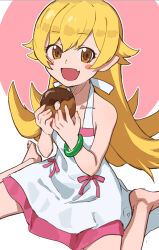 Rule 34 | 1girl, bangle, bare shoulders, barefoot, blonde hair, blush stickers, bracelet, brown eyes, commentary request, doughnut, dress, fang, flat chest, food, highres, jewelry, lc butter, long hair, looking at viewer, monogatari (series), open mouth, oshino shinobu, sitting, sketch, smile, solo, two-tone background, wariza, white dress