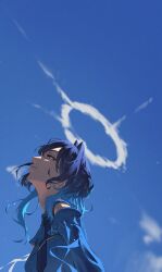 Rule 34 | 1girl, absurdres, blue eyes, blue hair, blue necktie, blue shirt, closed mouth, cloud, collared shirt, colored tips, detached sleeves, earrings, edwin62293123, from side, hair intakes, halo, highres, hololive, jewelry, long hair, looking up, multicolored hair, necktie, official alternate costume, official alternate hairstyle, ouro kronii, ouro kronii (4th costume), shirt, solo, virtual youtuber, white halo, wolf cut