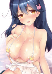 Rule 34 | 1girl, apron, bare shoulders, black hair, blush, bottomless, breasts, rabbit hair ornament, chiyami, cleavage, covered erect nipples, groin, hair ornament, hairclip, highres, kantai collection, large breasts, naked apron, navel, open mouth, side ahoge, smile, solo, sparkle, ushio (kancolle), wet, yellow eyes