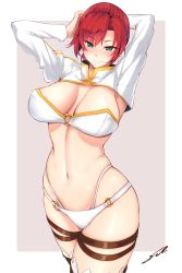 Rule 34 | 1girl, armpits, arms behind head, arms up, bikini, blush, boudica (fate), breasts, cleavage, fate/grand order, fate (series), fue (rhomphair), green eyes, highleg, highleg bikini, highres, juliet sleeves, large breasts, long sleeves, looking at viewer, navel, o-ring, puffy sleeves, red hair, short hair, short ponytail, shrug (clothing), smile, solo, swimsuit, thigh strap, thighs, white bikini