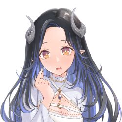 Rule 34 | 1girl, aruha, belt, black hair, blue hair, blush, breasts, brown eyes, chest belt, cleavage, commentary request, cotton swab, curled horns, demon girl, demon horns, dress, fingernails, grey horns, hebiyoi tier, hebiyoi tier (2nd costume), holding, horns, large breasts, long hair, looking at viewer, multicolored hair, nanashi inc., official alternate costume, open mouth, pointy ears, sidelocks, simple background, solo, transparent background, two-tone hair, upper body, virtual youtuber, white belt, white dress