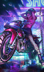 Rule 34 | 1boy, absurdres, aqua hair, arms up, bandages, boots, character request, highres, hotline miami, looking at viewer, male focus, meipu hm, motor vehicle, motorcycle, neon lights, night, pants, puddle, reflection, removing helmet, shirt, solo, vest
