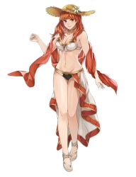 Rule 34 | 1girl, bikini, breasts, celica (fire emblem), cleavage, fire emblem, fire emblem echoes: shadows of valentia, flower, front-tie bikini top, front-tie top, full body, hat, hat flower, highres, jewelry, kamu (kamuuei), looking at viewer, medium breasts, medium hair, navel, nintendo, red hair, sandals, shawl, simple background, smile, solo, straw hat, swimsuit, toes, white background