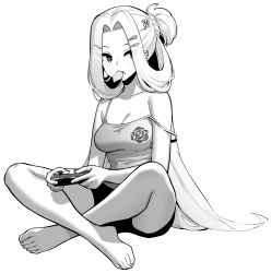 Rule 34 | 1girl, azur lane, barefoot, breasts, bunker hill (azur lane), bunker hill (mission relaxation) (azur lane), cleavage, controller, crossed legs, game controller, greyscale, hair ornament, hairclip, holding, holding controller, holding game controller, hori (hori no su), large breasts, long hair, looking to the side, monochrome, parted bangs, simple background, sitting, solo, tank top, white background