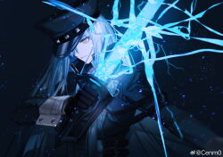 Rule 34 | :|, absurdres, arknights, arm up, black gloves, buttoned cuffs, cenm0, character request, closed mouth, collared jacket, electricity, expressionless, gloves, glowing, glowing sword, glowing weapon, grey hair, grey jacket, hat over one eye, highres, holding, holding sword, holding weapon, jacket, long hair, long sleeves, looking ahead, one eye covered, outstretched arm, serious, sidelocks, sleeve cuffs, straight hair, sword, upper body, weapon, weibo watermark, yellow eyes
