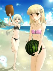 Rule 34 | 2girls, bad id, bad pixiv id, barefoot, beach, bikini, blonde hair, brown eyes, circlet, day, closed eyes, feet, flat chest, food, fruit, highres, holding, holding food, holding fruit, long hair, mallet, mist (rune factory), multiple girls, musical note, okitsune (okitsune-sama), rosetta, rune factory, rune factory frontier, short hair, smile, sun, swimsuit, watermelon