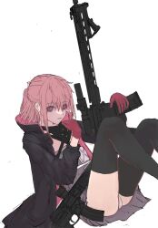 Rule 34 | 1girl, ar-15, assault rifle, asymmetrical legwear, black jacket, black thighhighs, character name, closed mouth, english text, girls&#039; frontline, gloves, gun, hair between eyes, hetare galm sue, highres, holding, holding gun, holding weapon, image sample, jacket, long hair, looking at viewer, mod3 (girls&#039; frontline), on floor, open clothes, open jacket, panties, pink eyes, pink gloves, pink hair, rifle, simple background, solo, st ar-15 (girls&#039; frontline), thighhighs, twitter sample, underwear, weapon, white background, white panties