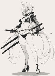 Rule 34 | 10mo, 1girl, absurdres, ahoge, bikini, breasts, choker, cleavage, collarbone, cropped jacket, fate/grand order, fate (series), full body, gloves, greyscale, hair between eyes, high heels, highres, holding, holding sword, holding weapon, jeanne d&#039;arc alter (fate), jeanne d&#039;arc alter (swimsuit berserker) (fate), large breasts, long hair, long sleeves, looking at viewer, monochrome, navel, o-ring, o-ring bikini, reverse grip, sandals, scabbard, sheath, sheathed, shrug (clothing), simple background, single thighhigh, stomach, strappy heels, swimsuit, sword, thigh strap, thighhighs, toeless footwear, very long hair, weapon, white background