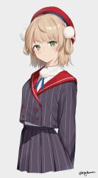 Rule 34 | 1girl, arms behind back, black jacket, black skirt, blonde hair, blush, closed mouth, green eyes, hair ornament, hair rings, hat, highres, indie virtual youtuber, jacket, long sleeves, looking at viewer, pleated skirt, pom pom (clothes), pom pom hair ornament, red hat, rinfamm, shigure ui (vtuber), shigure ui (vtuber) (1st costume), shirt, short hair, skirt, solo, striped clothes, striped jacket, striped skirt, twitter username, vertical-striped clothes, vertical-striped jacket, vertical-striped skirt, virtual youtuber, white shirt